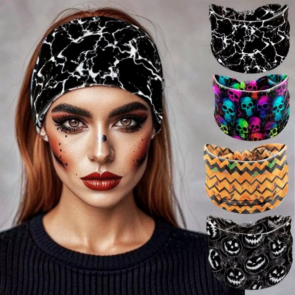 4 Pcs Halloween Headband, Skull Print Headband, Wide Sports Yoga Headscarf - Picture 3 of 11